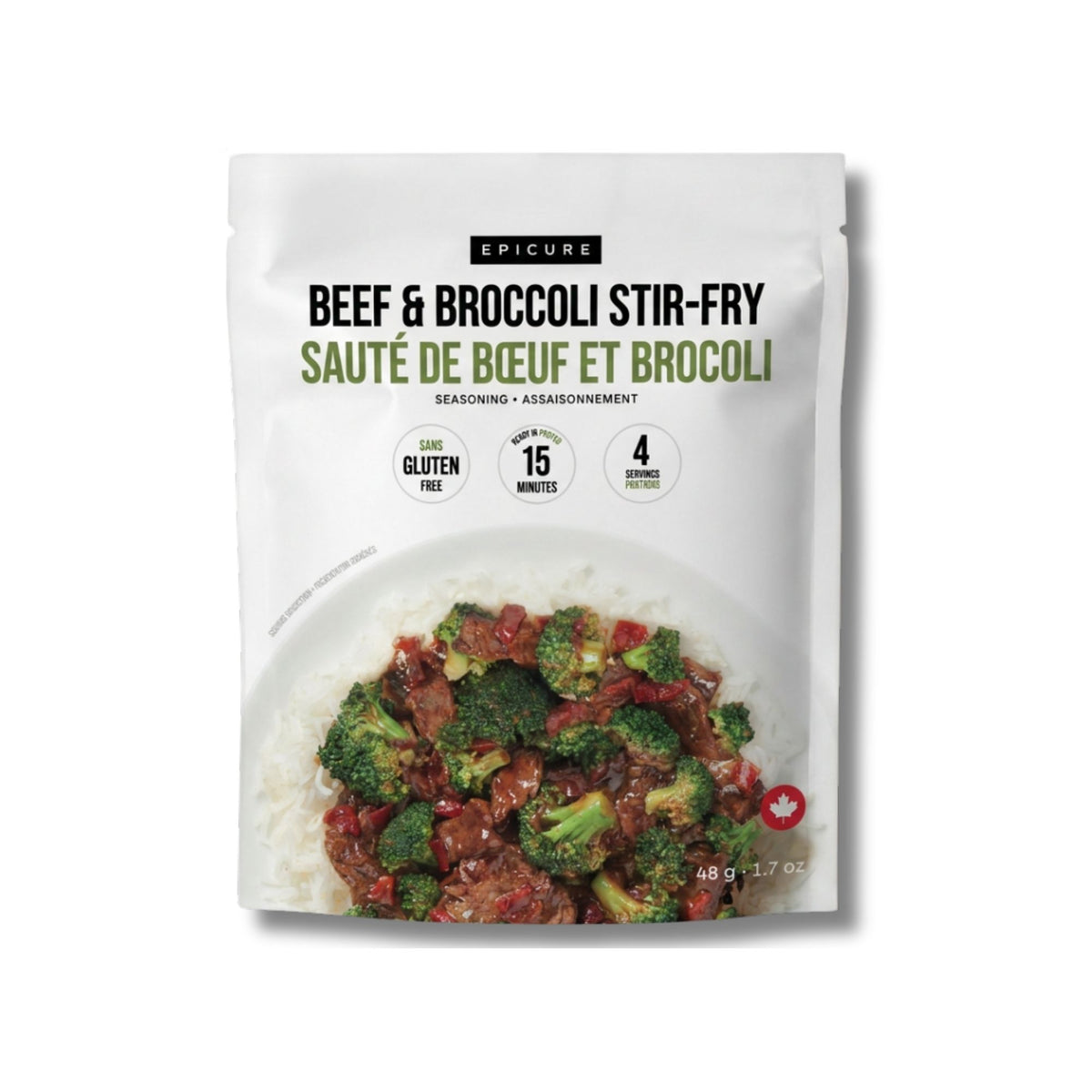 A package of Epicure Beef & Broccoli Stir-Fry seasoning mix, featuring a white stand-up pouch with a photo of the cooked dish on rice at the bottom.