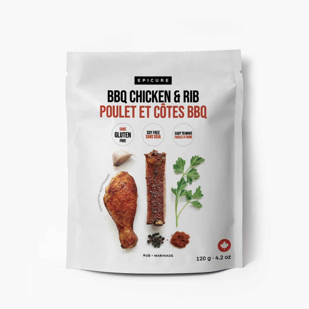 A white stand-up pouch of Epicure BBQ Chicken & Rib seasoning mix, featuring images of a chicken leg drumstick and a rib, along with garlic, parsley, and peppercorns on a clean white background.