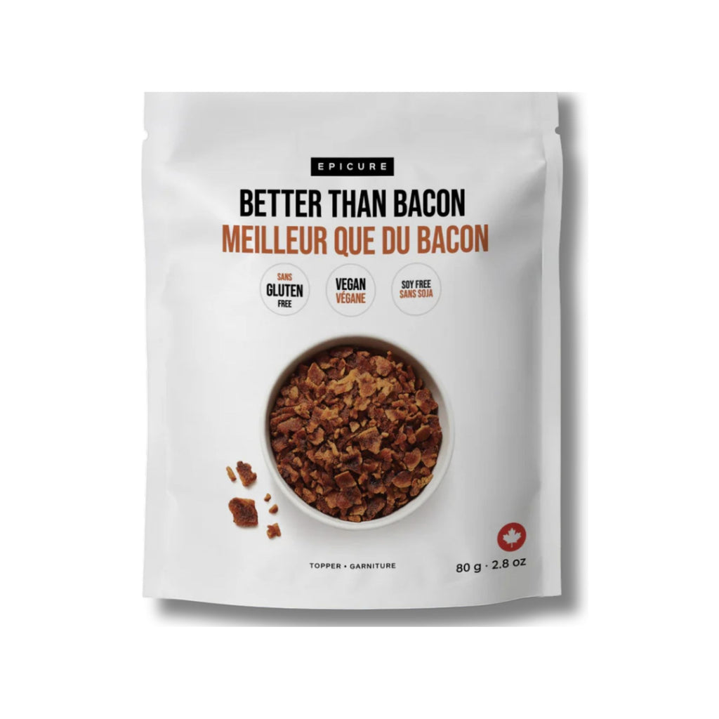 A white stand-up pouch of Epicure Better Than Bacon topping, featuring a bowl photo of the brown crumbled product and text in English and French on a white background.