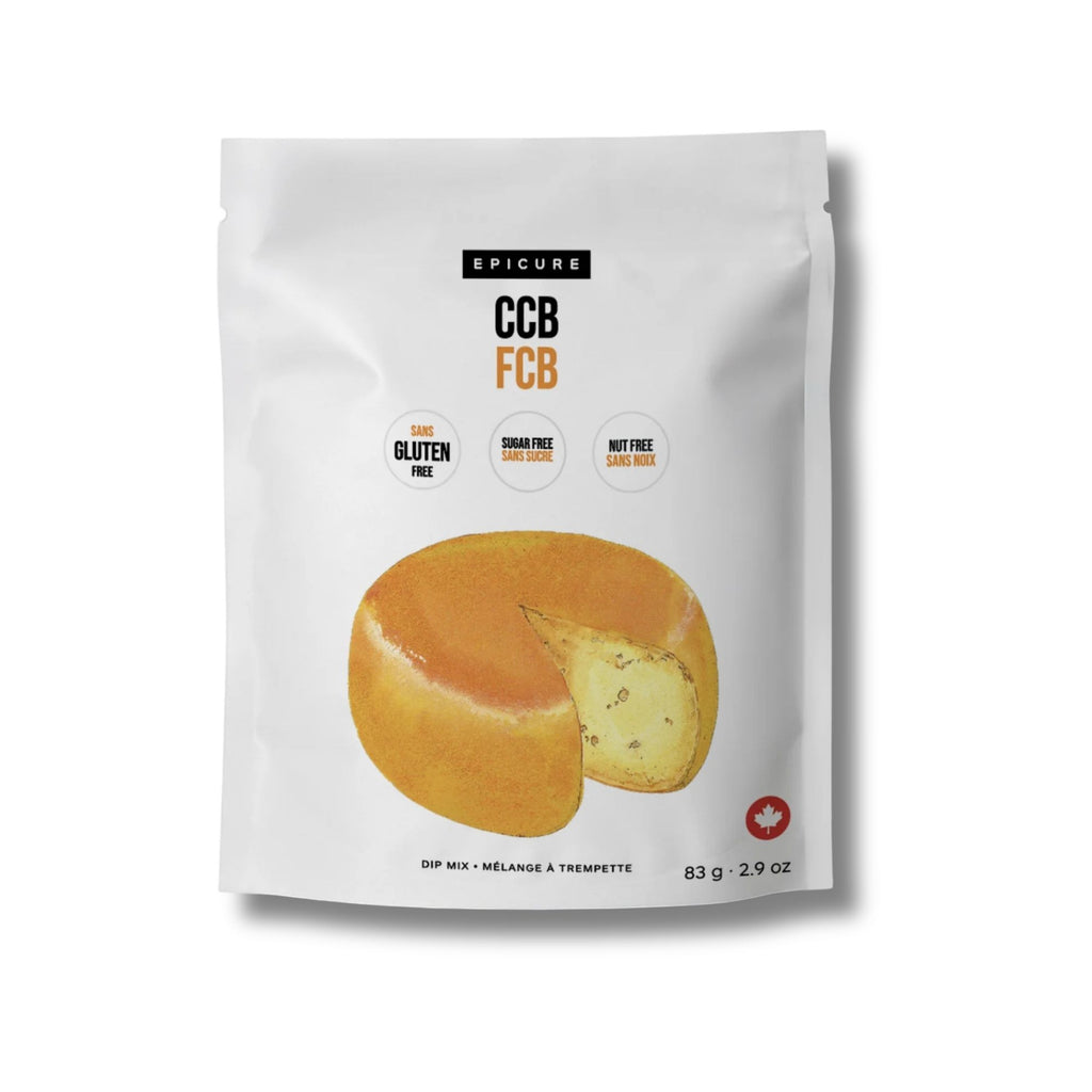 A white stand-up pouch of Epicure CCB dip mix featuring a graphic of a waxed cheese round, shown on a clean white background with a soft drop shadow.