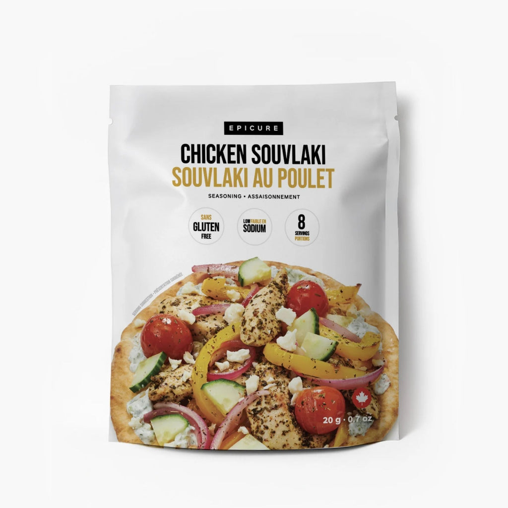 A white stand-up pouch of Epicure Chicken Souvlaki seasoning, featuring a photo of a prepared chicken and vegetable souvlaki on the front, set against a plain white background.