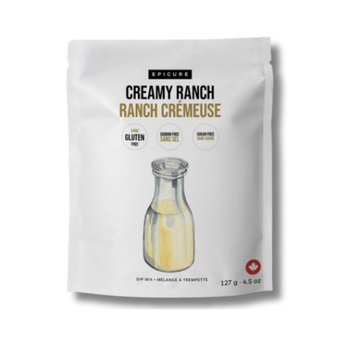 A white stand-up pouch of Epicure Creamy Ranch Ranch Crémeuse dip mix, featuring a graphic of a glass bottle with pale yellow dip inside and text indicating gluten free, sugar free, and sodium free.
