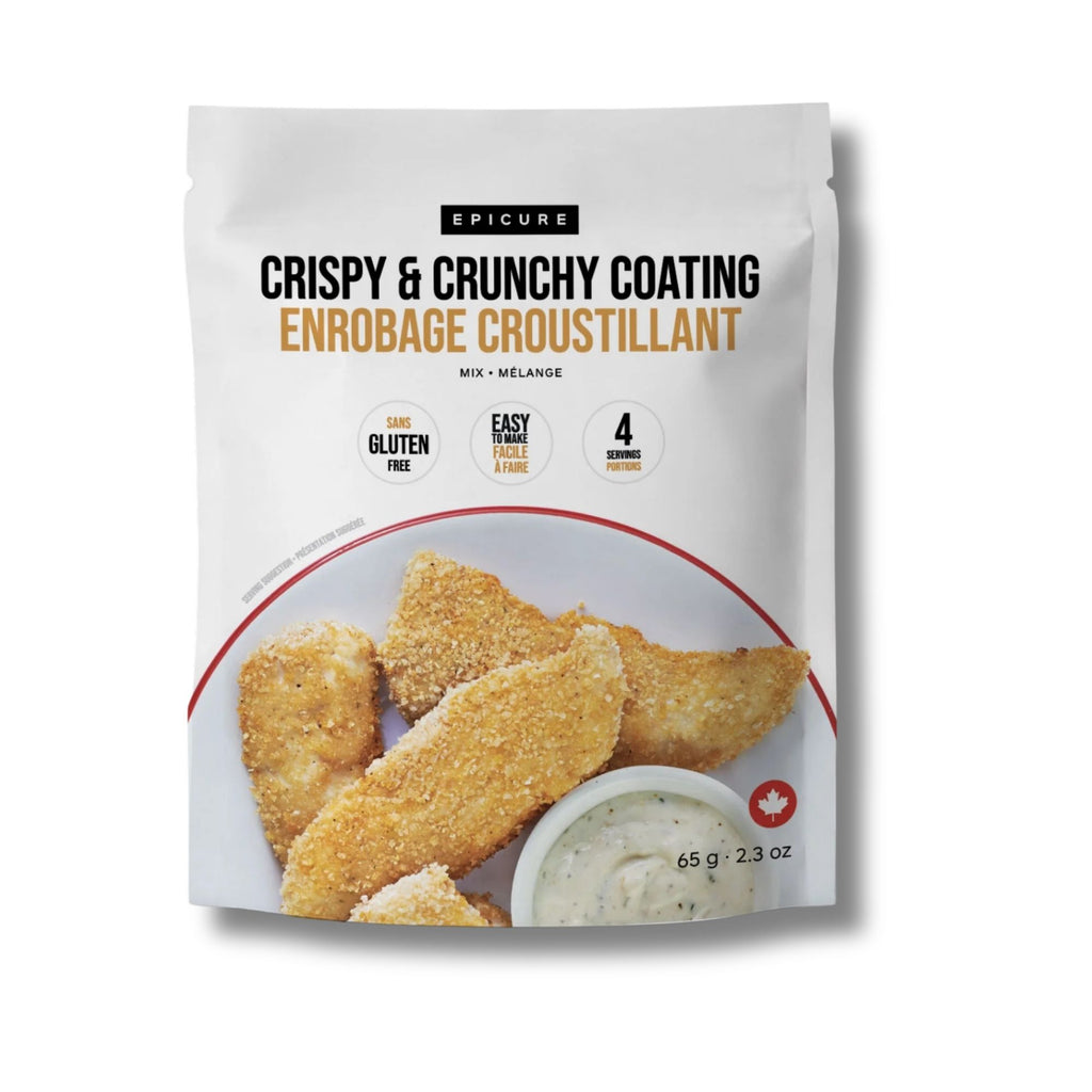 A stand-up pouch of Epicure Crispy & Crunchy Coating Enrobage Croustillant Mix-Melange for chicken tenders, featuring a white background with product text and a photo of golden-brown coated tenders with a dipping sauce.