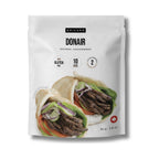 A white stand-up pouch of Epicure Donair Seasoning & Assortment, featuring a photo of grilled meat in a wrap on the front, with product text and icons including gluten free and 10 serving sizes.