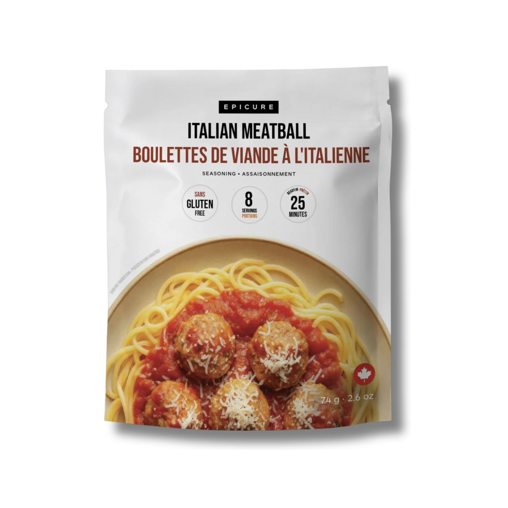 A package of the new Epicure Italian Meatball featuring a white pouch with a photo of spaghetti, meatballs, and red tomato sauce on the front.