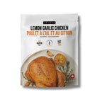 A stand-up pouch of Epicure Lemon Garlic Chicken seasoning, featuring a white background with orange and black text and a photo of a cooked chicken on a plate with lemon and garlic.