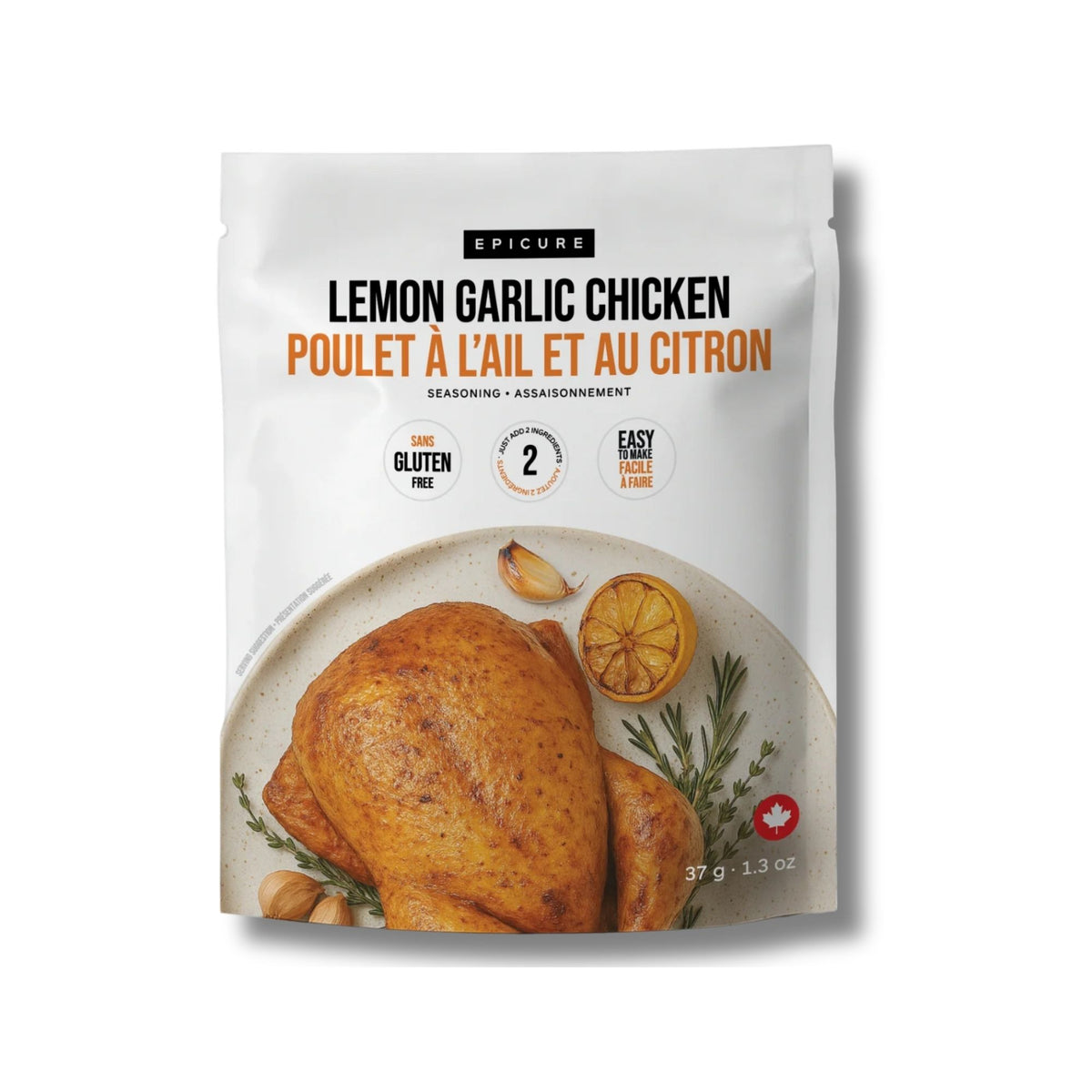A stand-up pouch of Epicure Lemon Garlic Chicken seasoning, featuring a white background with orange and black text and a photo of a cooked chicken on a plate with lemon and garlic.