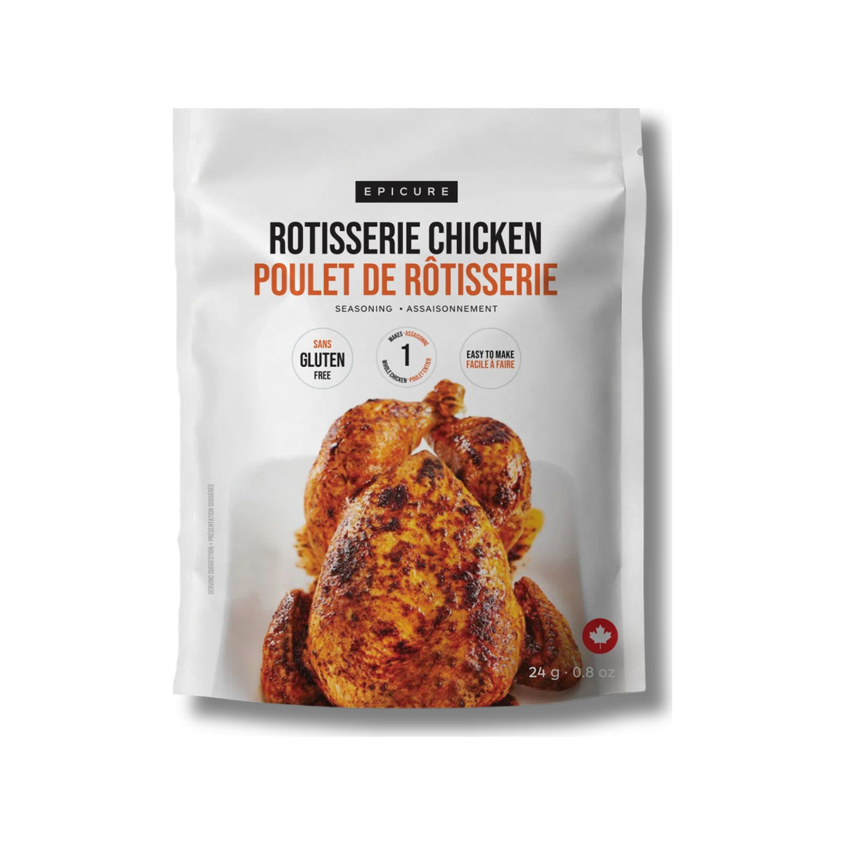 A white stand-up pouch of Epicure Rotisserie Chicken seasoning, featuring a photo of roasted chicken on the front and text in English and French.