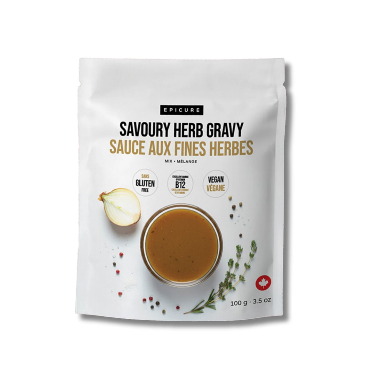 A white stand-up pouch of Epicure Savoury Herb Gravy (Sauce Aux Fines Herbes) on a white background. The packaging features a photo of the golden-brown gravy in a glass bowl, a sliced onion, and herbs, with text indicating it is gluten free, vegan, and vegan-friendly.