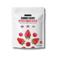 A white stand-up pouch of Epicure Summer Berry Petit Fruits d'Eté sweet dip mix, featuring illustrations of fresh strawberries and raspberries on a white background.