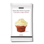 A package of Epicure Ruby Red Velvet Cupcake mix, featuring a white background with a photo of a frosted cupcake in the center.