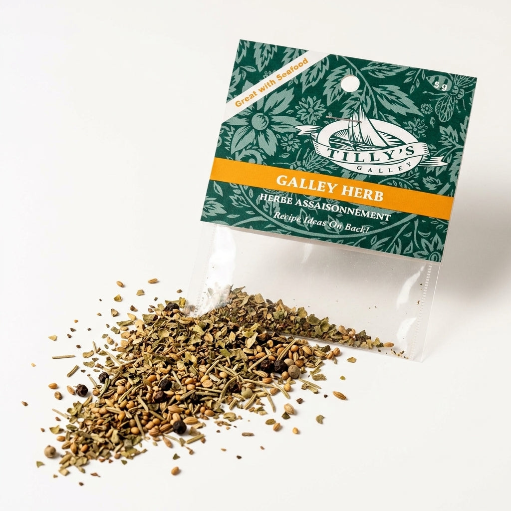 Galley-Herb-Spice-Blend packet with spill on white background