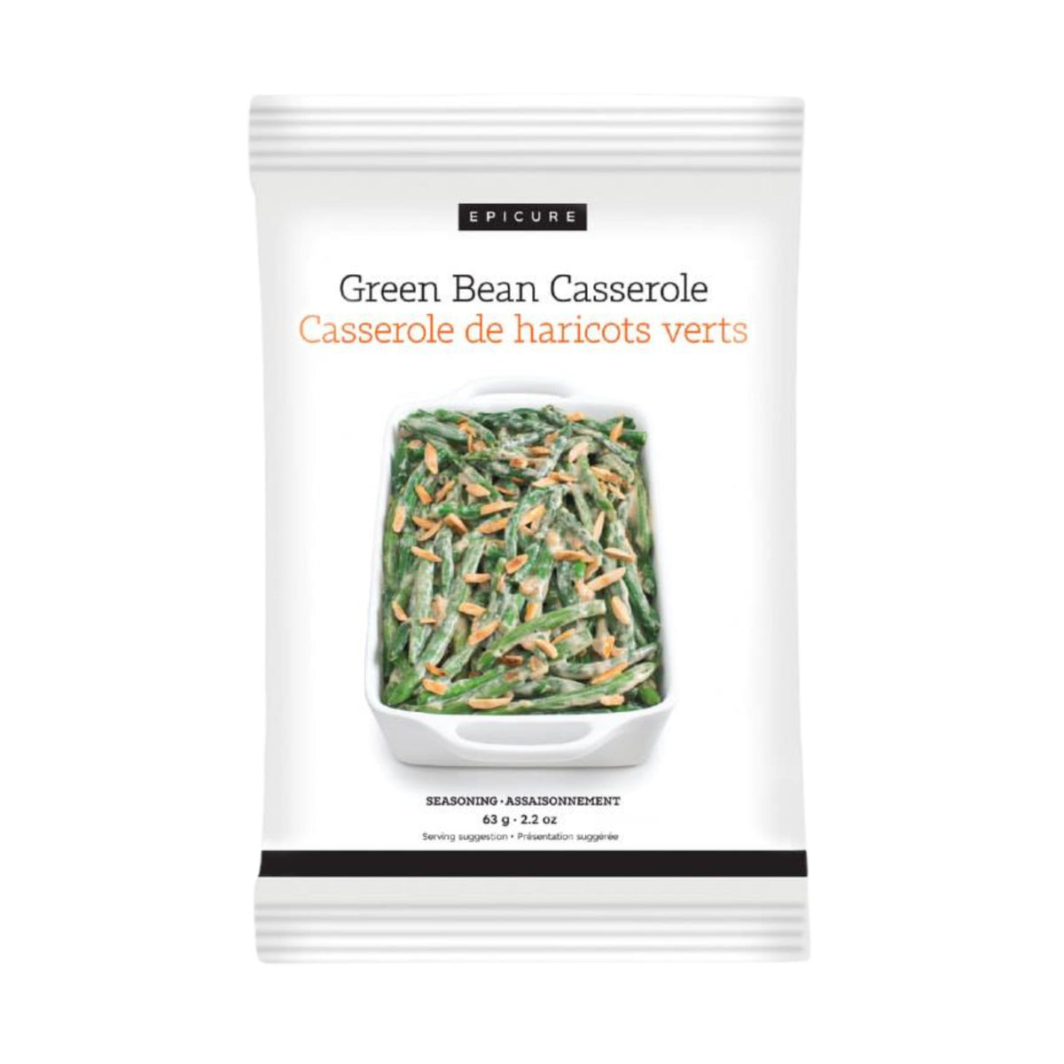 A package of Epicure Green Bean Casserole seasoning, featuring a white bag with a photo of cooked green beans in a casserole dish and orange text.
