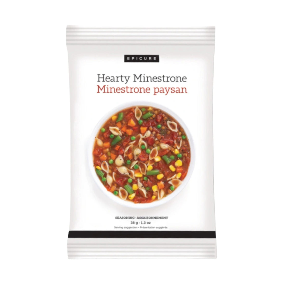 A package of Epicure Hearty Minestrone seasoning, featuring a white bag with a central photo of the prepared pasta and vegetable soup.