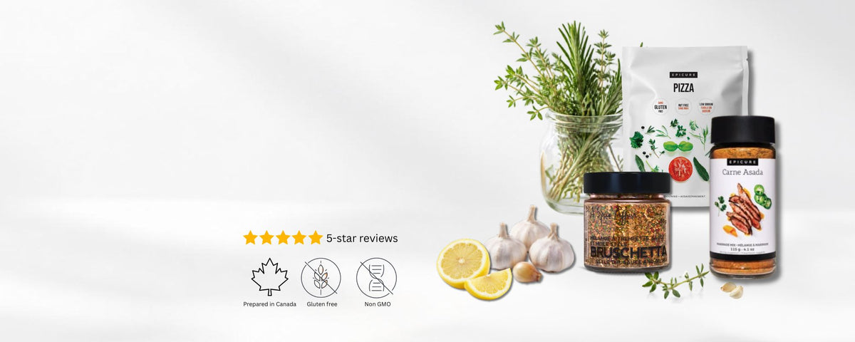 Clean-label pantry products from Epicure and A Spice Affair with fresh herbs garlic and lemon slices on a chite background. A 5-star review icon appears above icons indicating the products sold by My Epicurean Kitchen are prepared in Canada, are gluten-free and non-GMO.
