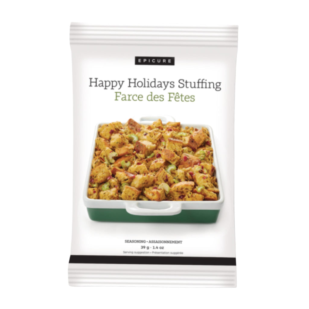 A package of Epicure Happy Holidays Stuffing (Farce des Fôtes) on a plain white background. The packaging is white with black and green text and features a photo of the prepared stuffing in a white and green casserole dish.