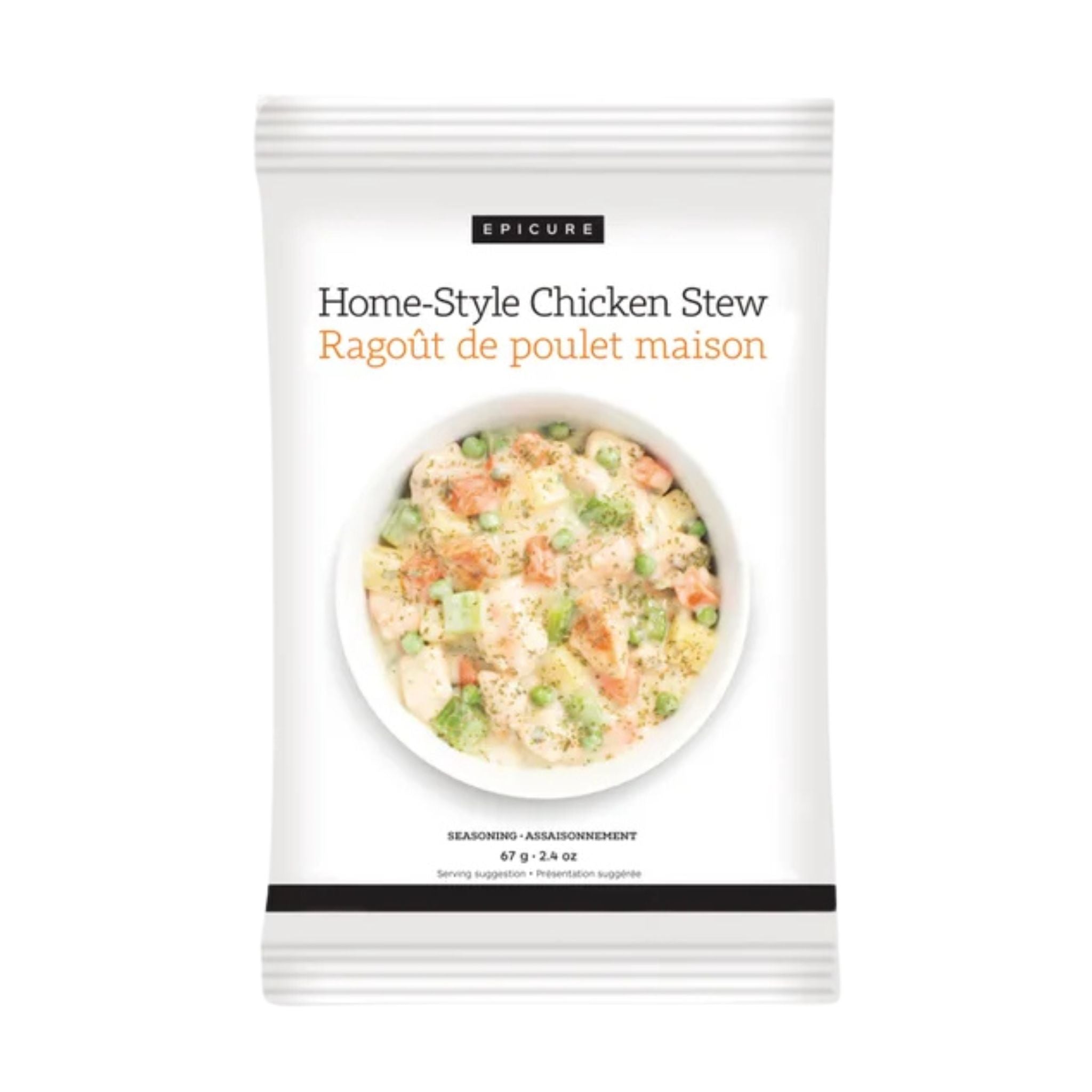 A package of Epicure Home-Style Chicken Stew seasoning mix, featuring a white background with a central photo of the prepared chicken stew in a bowl, and text in English and French.
