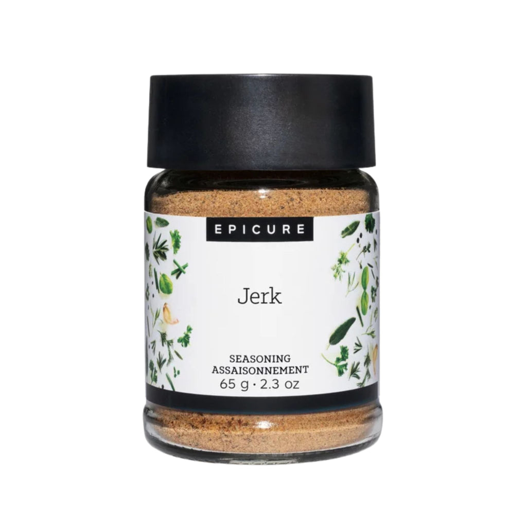 A jar of Epicure Jerk seasoning, 65 g (2.3 oz), featuring a white label with green botanical illustrations and a black lid, set against a plain white background.