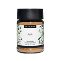 A jar of Epicure Jerk seasoning, 65 g (2.3 oz), featuring a white label with green botanical illustrations and a black lid, set against a plain white background.
