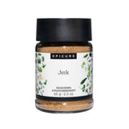 A jar of Epicure Jerk seasoning, 65 g (2.3 oz), featuring a white label with green botanical illustrations and a black lid, set against a plain white background.