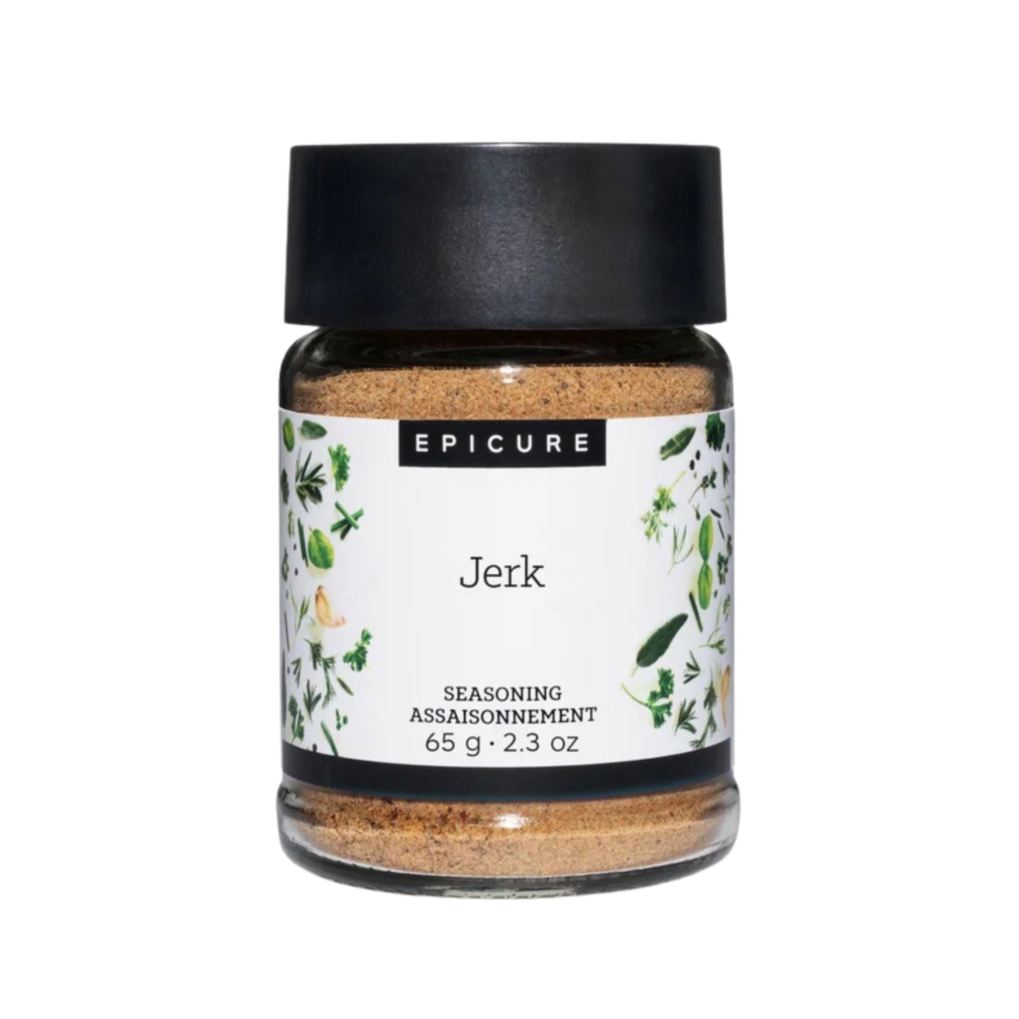 A jar of Epicure Jerk seasoning, 65 g (2.3 oz), featuring a white label with green botanical illustrations and a black lid, set against a plain white background.