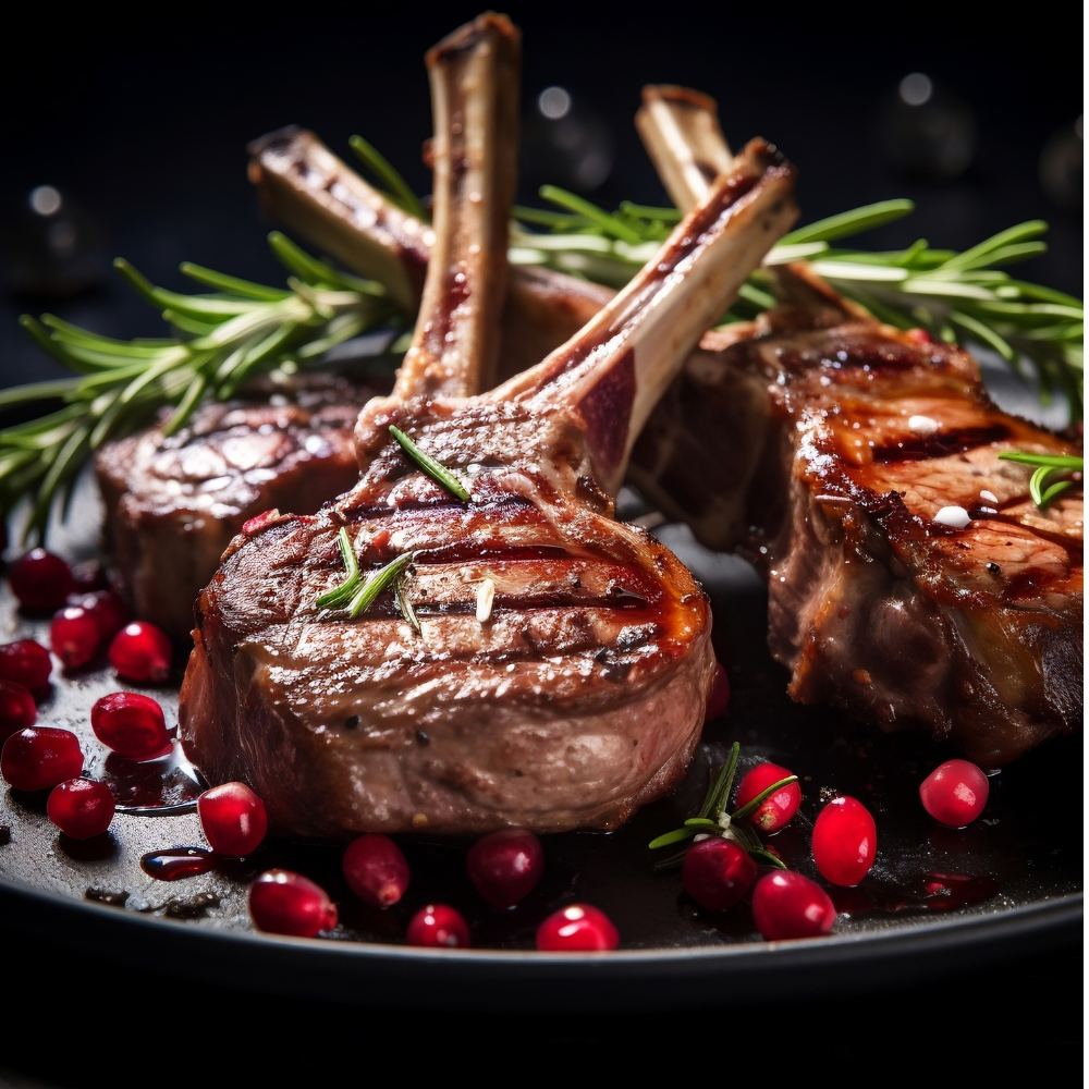 Three grilled lamb chops with visible grill marks, garnished with rosemary sprigs and surrounded by red pomegranate seeds on a dark plate against a dark background.
