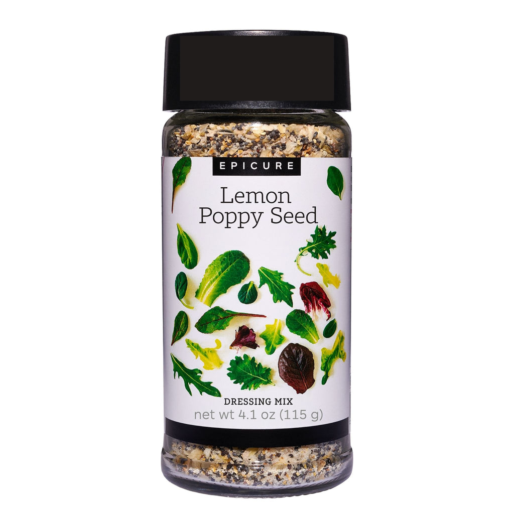 A bottle of Epicure Lemon Poppy Seed dressing mix on a solid white background. The clear glass jar shows the mixed seeds inside, topped with a black cap and featuring a white label with green and yellow botanical illustrations.