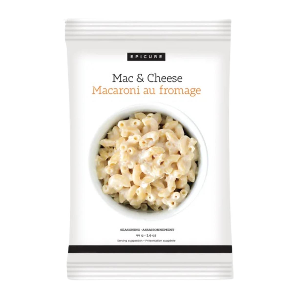 A package of Epicure Mac & Cheese macaroni, featuring a white bag with a photo of creamy macaroni in a bowl and orange text.