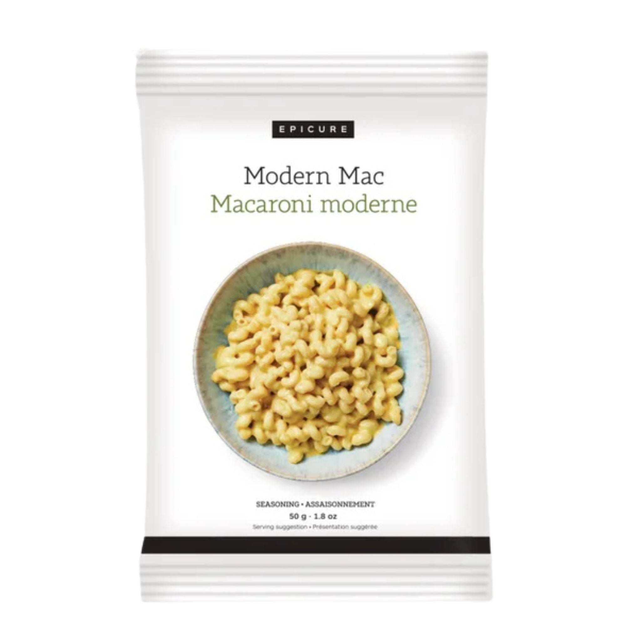 A white package of Epicure Modern Mac (Macaroni Moderne) seasoning, featuring a photo of the yellow pasta in a light blue bowl on the front.