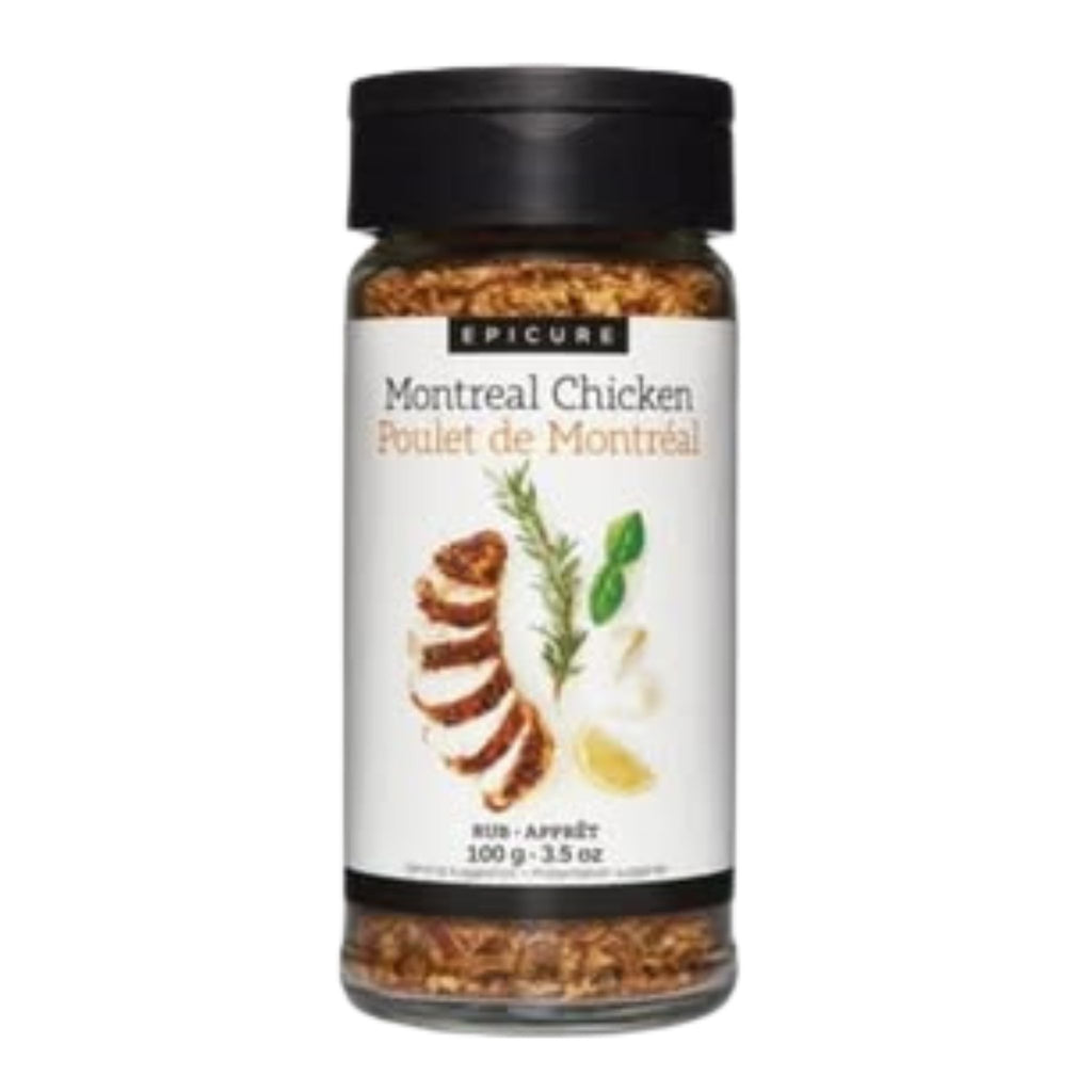 A bottle of Epicure Montreal Chicken (Poulet de Montréal) seasoning mix, 100 g (3.5 oz), featuring a white label with chicken and herb illustrations, on a white background.