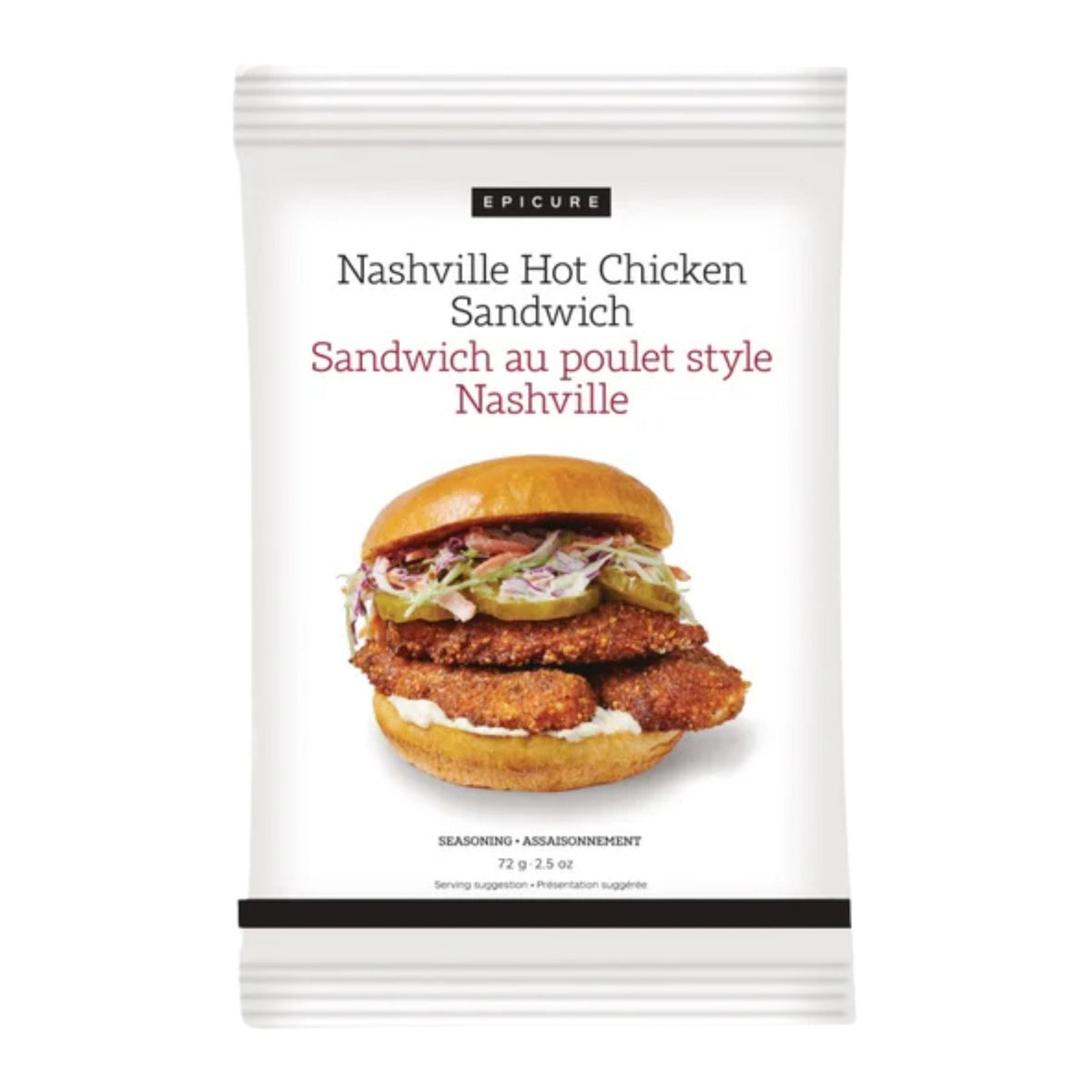 A package of Epicure Nashville Hot Chicken Sandwich seasoning and assembly rubie, featuring a white background with a photo of a hot chicken sandwich on the front.