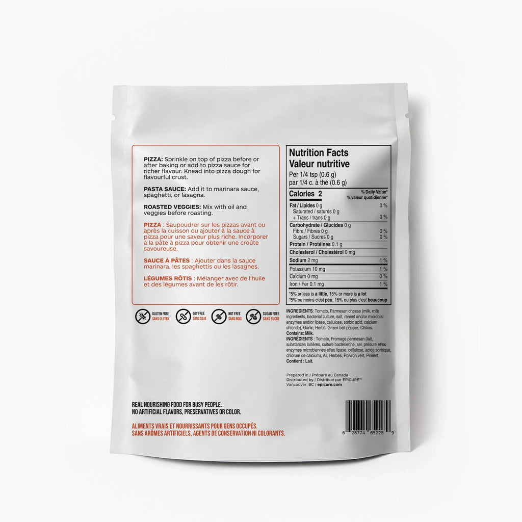 Back view of Epicure Pizza Seasoning pouch package with printed nutrition facts, ingredients, and icons on a light gray background.