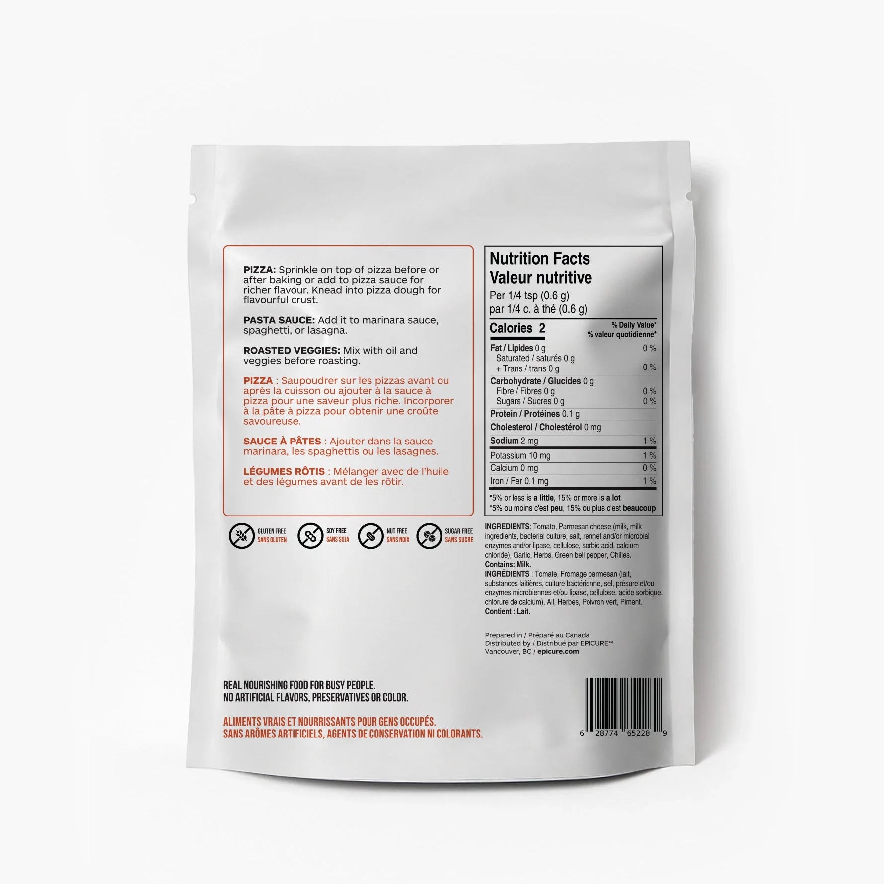 Back view of Epicure Pizza Seasoning pouch package with printed nutrition facts, ingredients, and icons on a light gray background.