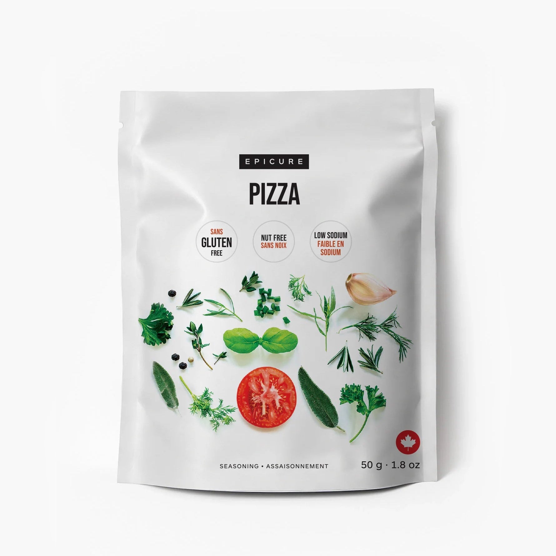 A white stand-up pouch of Epicure Pizza seasoning featuring illustrations of fresh herbs, garlic, and a tomato on a clean white background.