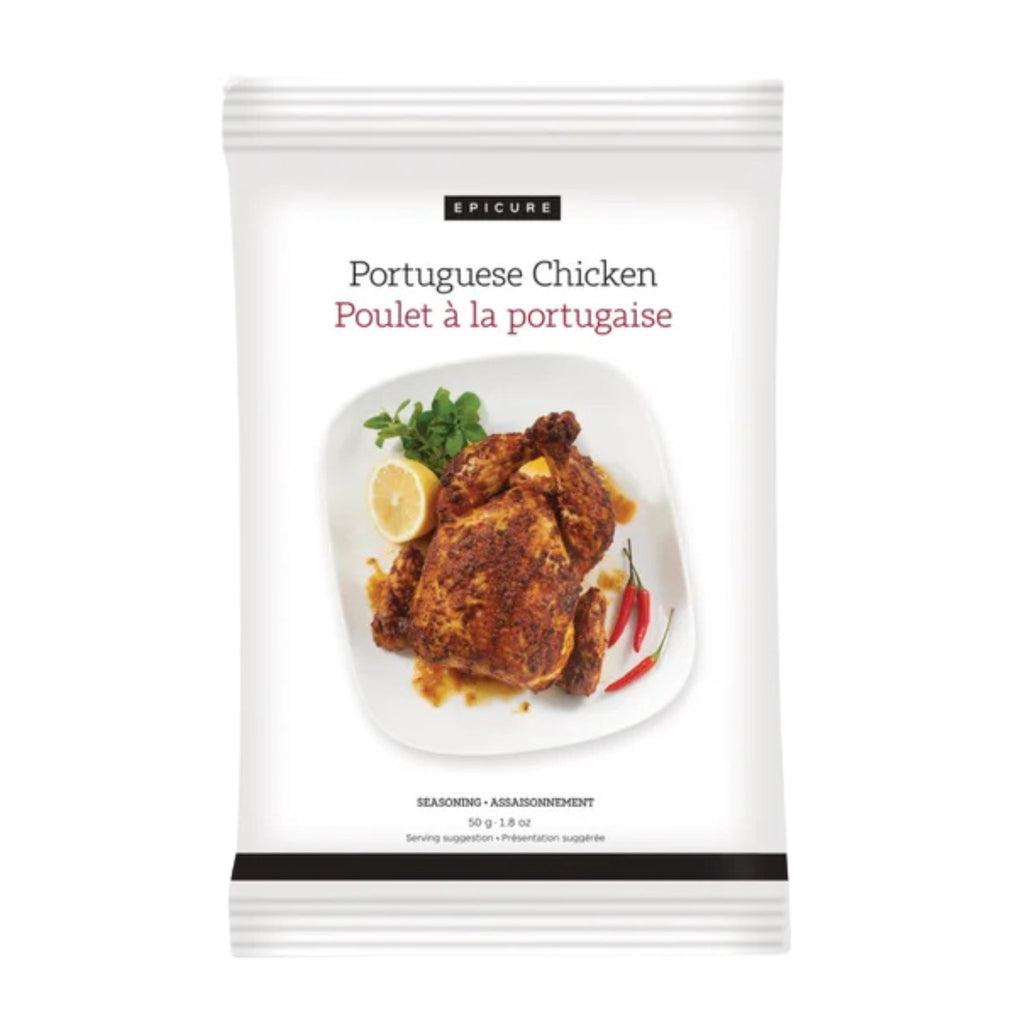 A package of Epicure Portuguese Chicken seasoning (Poulet à la portugaise) on a solid white background. The packaging is white with black and pink text and features a photo of cooked chicken on a plate.