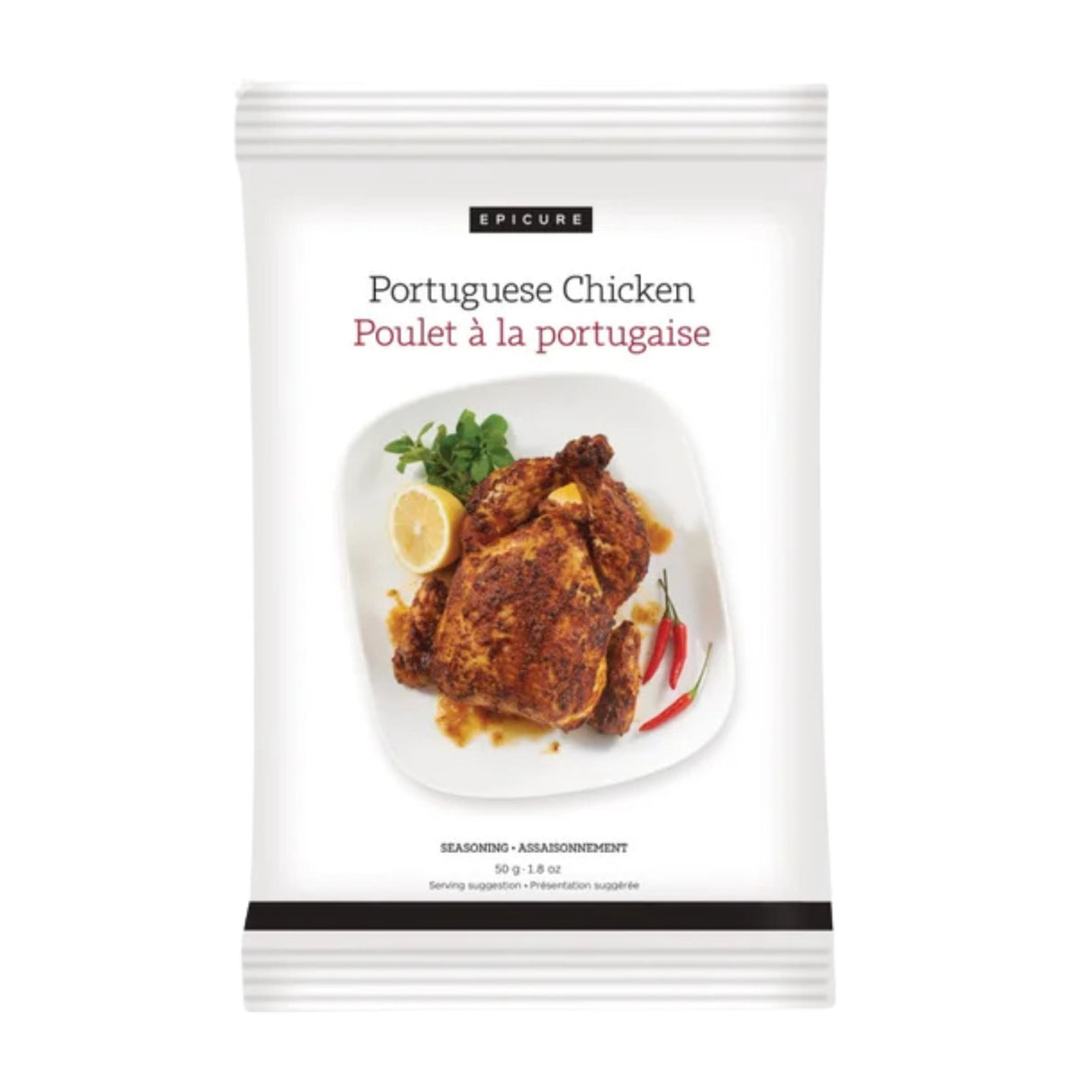 A package of Epicure Portuguese Chicken seasoning (Poulet à la portugaise) on a solid white background. The packaging is white with black and pink text and features a photo of cooked chicken on a plate.