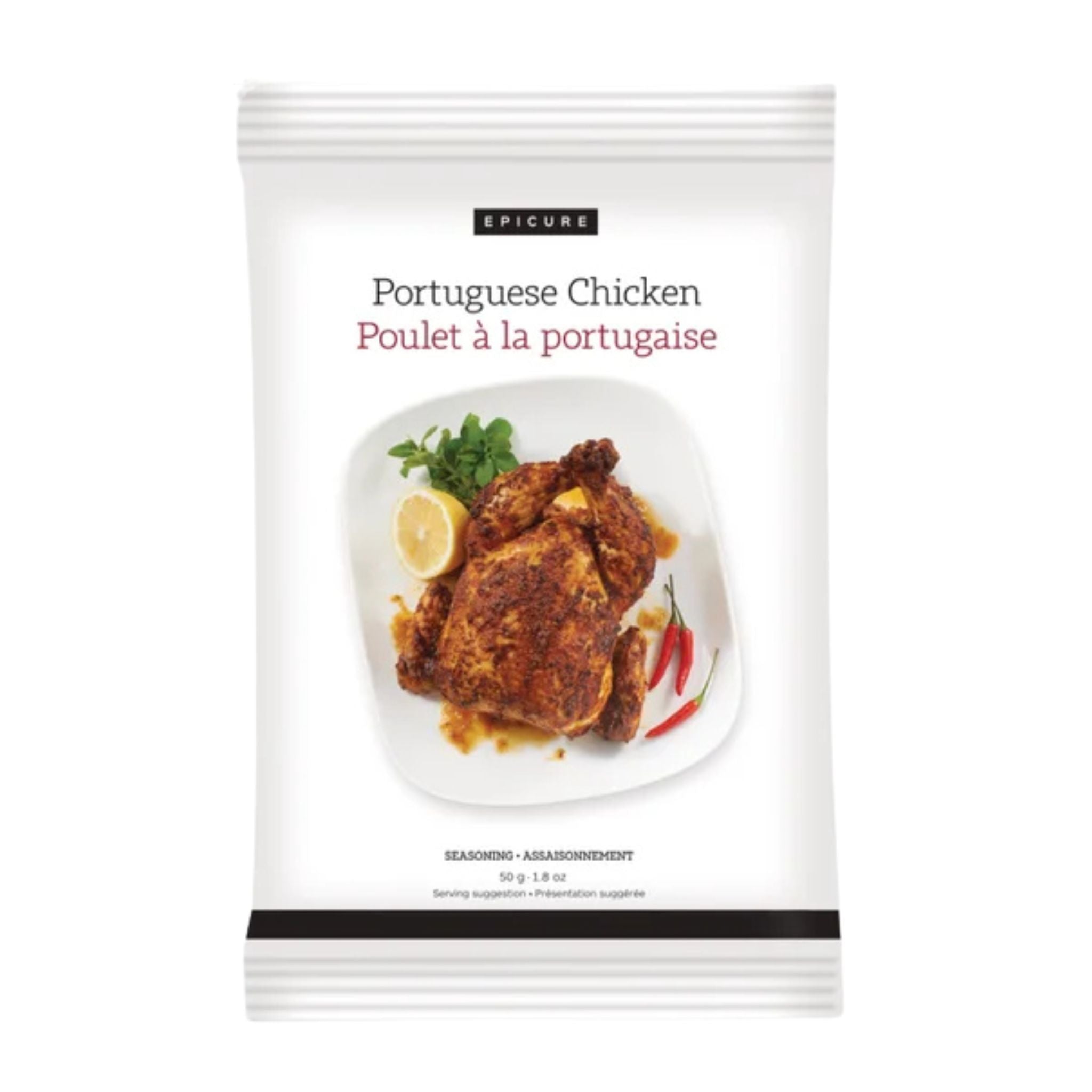 A package of Epicure Portuguese Chicken seasoning (Poulet à la portugaise) on a solid white background. The packaging is white with black and pink text and features a photo of cooked chicken on a plate.