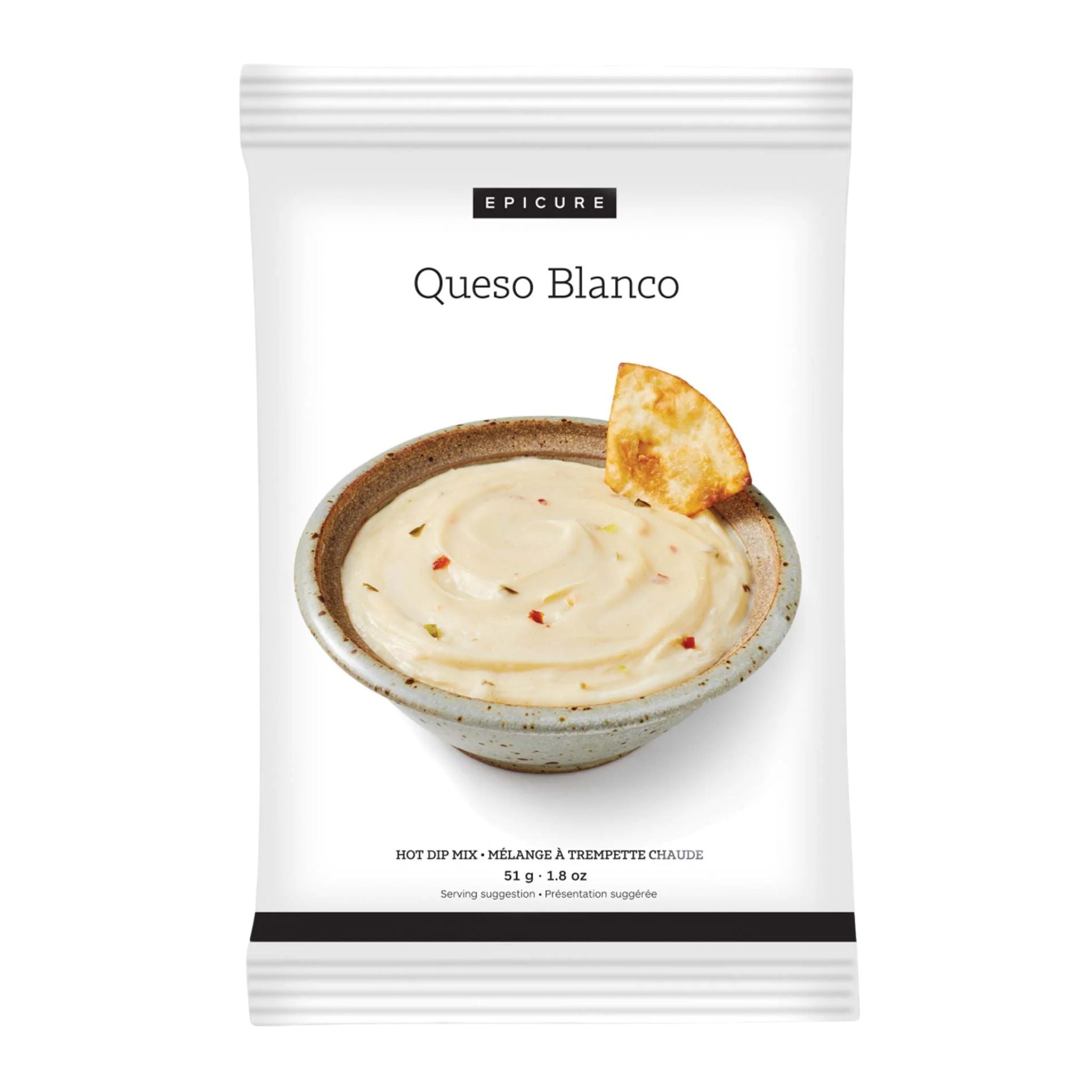 A package of Epicure Queso Blanco hot dip mix, featuring a white background with a central image of creamy dip in a bowl with a tortilla chip, and black text detailing the product.