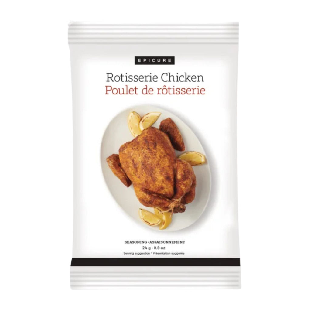 A package of Epicure Rotisserie Chicken Seasoning, featuring a white background with a central photo of a roasted chicken on a plate.