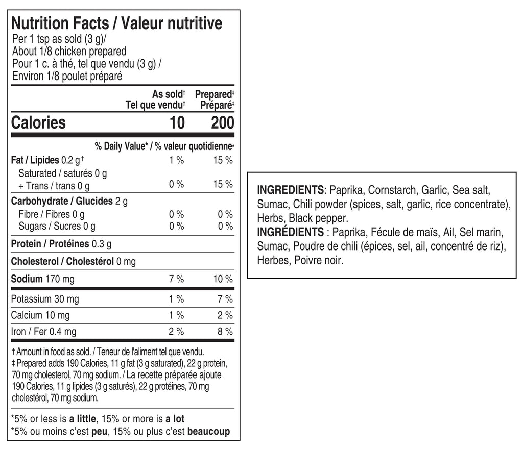 A Nutrition Facts label in bilingual English/French format for Epicure Rotisserie Chicken Seasoning, showing calories, nutrients, and ingredients for a prepared food product.