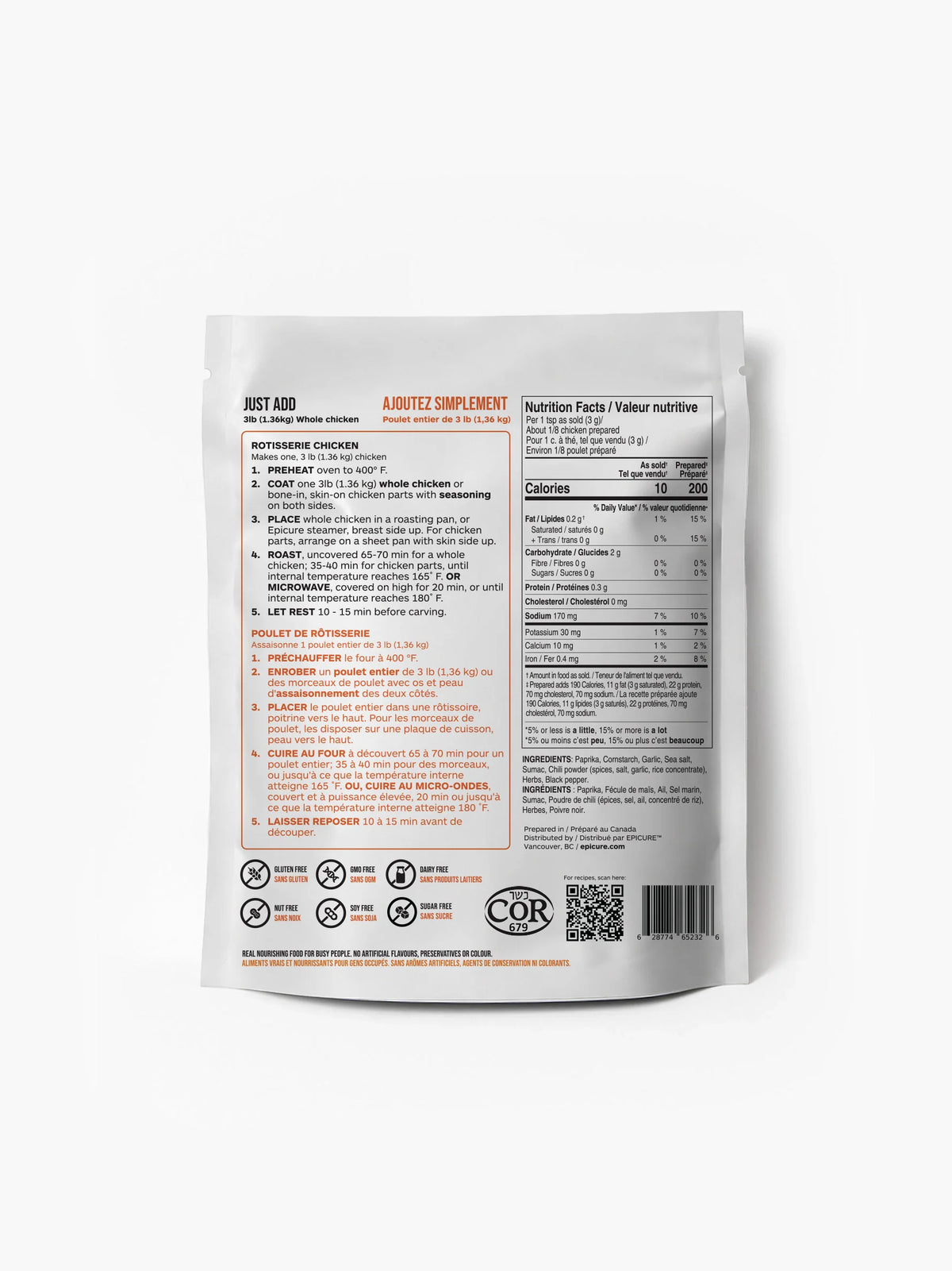 The back of a white pouch of Epicure Rotisserie Chicken Seasoning, showing detailed instructions, nutrition facts, and a QR code on a light gray background.