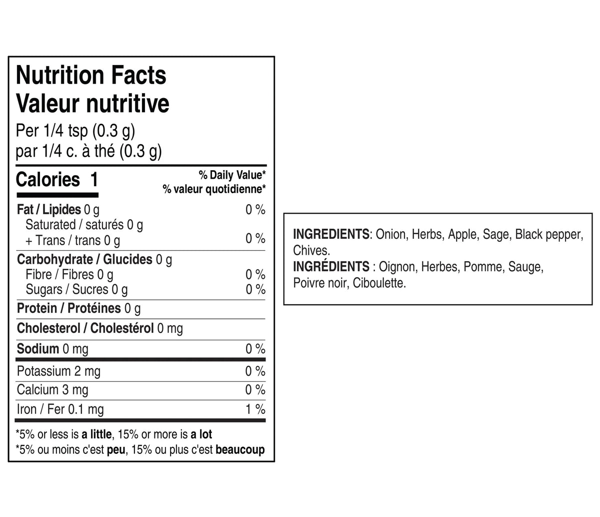 A Nutrition Facts label in French with a black-and-white nutrition table and ingredient list on a plain white background.