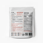 The back of a white stand-up pouch of Aromatez supplement, showing printed text, nutrition facts, usage instructions, and a barcode on a light gray background.
