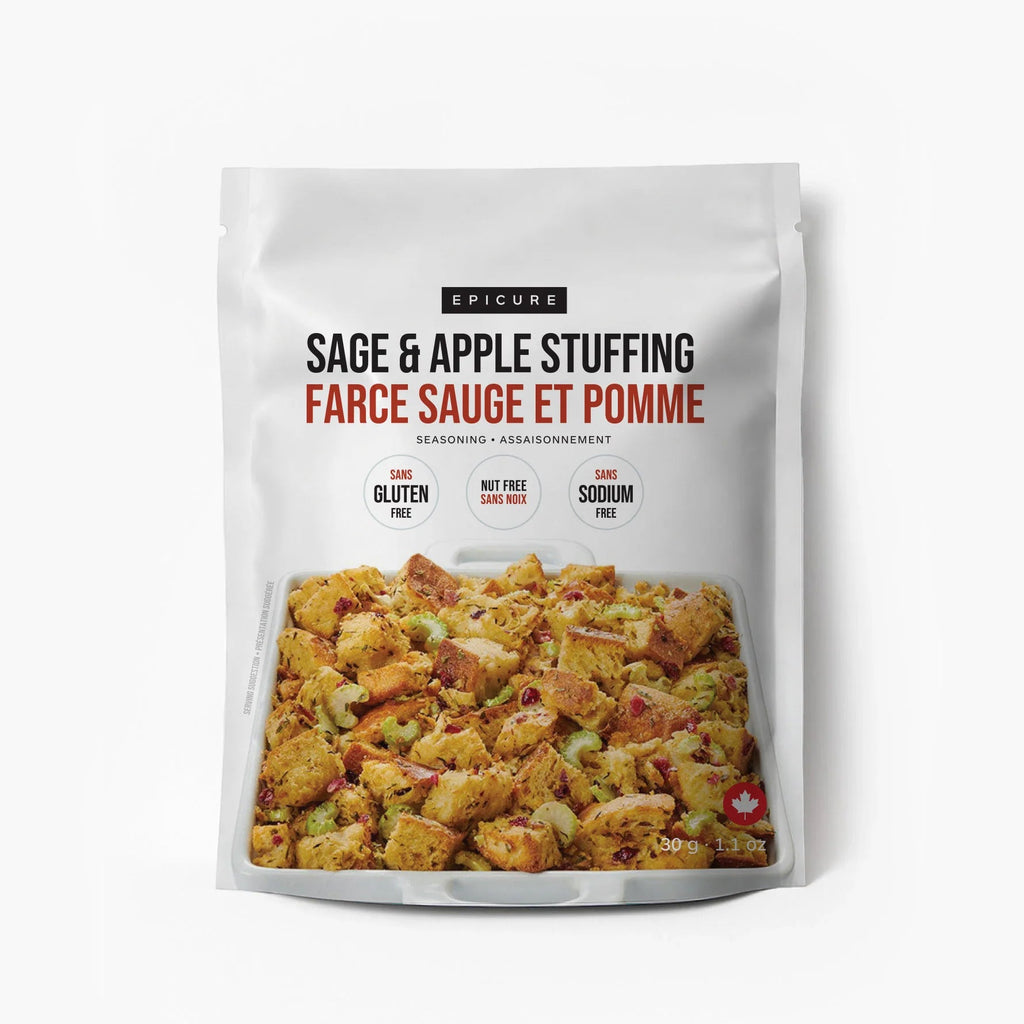 A white stand-up pouch of Epicure Sage & Apple Stuffing, featuring a photo of the cooked stuffing in the lower half and product details in French and English on a clean white background.