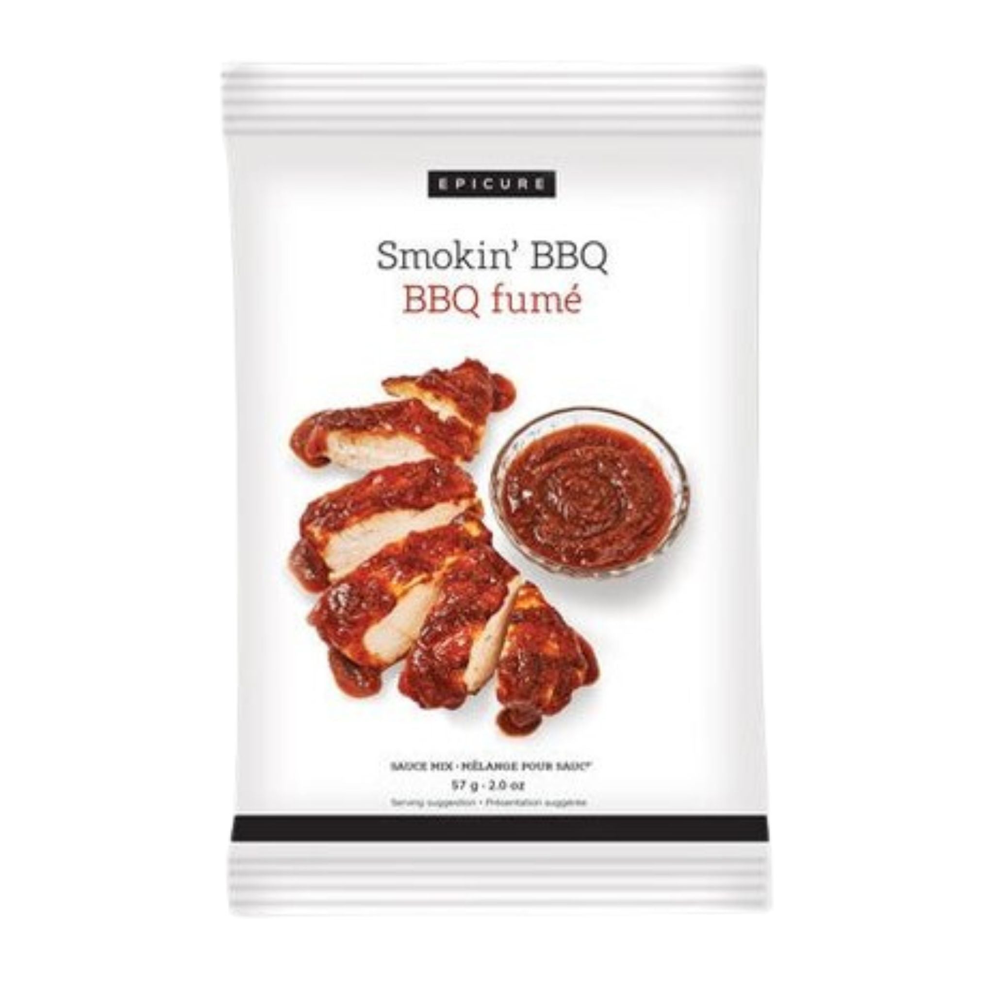 A single packet of Epicure Smokin' BBQ BBQ fumé seasoning, featuring a white package with a photo of glazed chicken slices and a small bowl of reddish-brown sauce.
