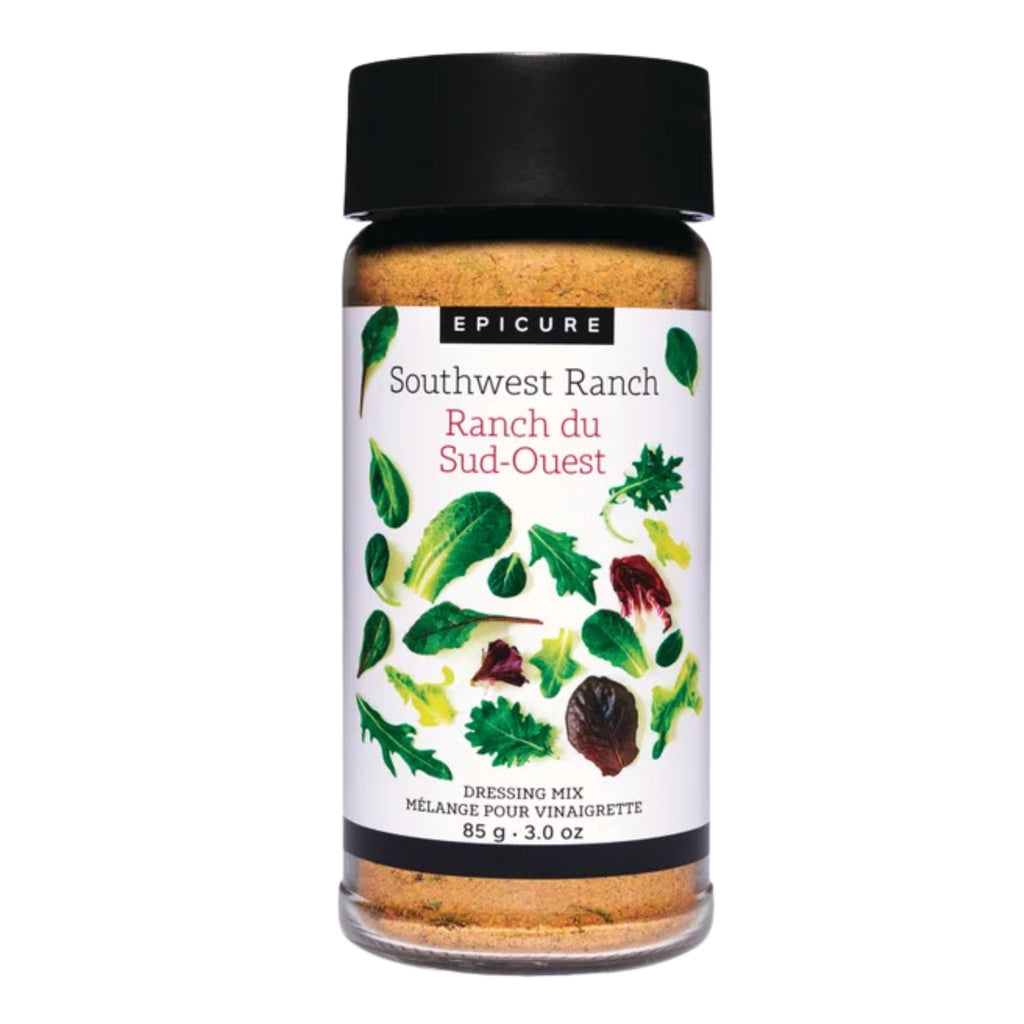 A bottle of Epicure Southwest Ranch dressing mix on a plain white background. The clear plastic bottle shows the light brown seasoning blend inside, topped with a black cap and featuring a white label with green and red illustrations of herbs and vegetables.