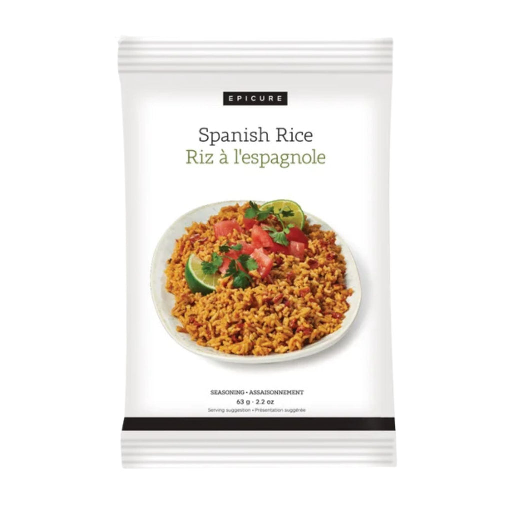 A package of Epicure Spanish Rice seasoning mix, featuring a white bag with a photo of the prepared rice dish on the front.