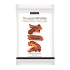 A package of Epicure Stampede BBQ Ribs (Côtes BBQ stampede) on a clean white background. The packaging is white with black and gold text, featuring a vertical image of four glazed BBQ ribs.