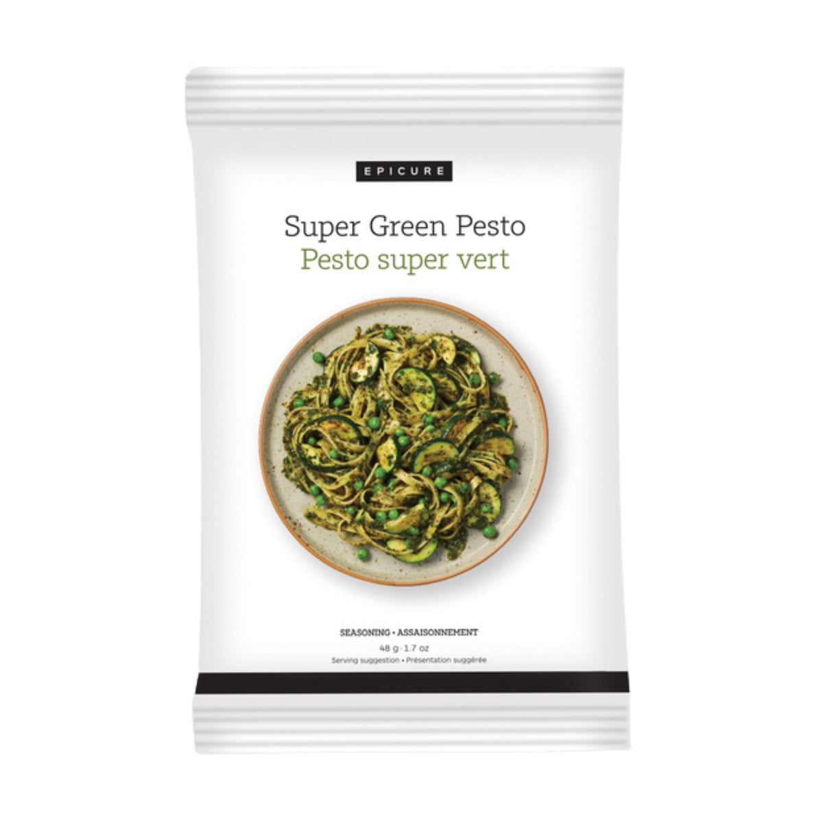 A package of Epicure Super Green Pesto seasoning, featuring a white bag with a central photo of the green pesto in a bowl.