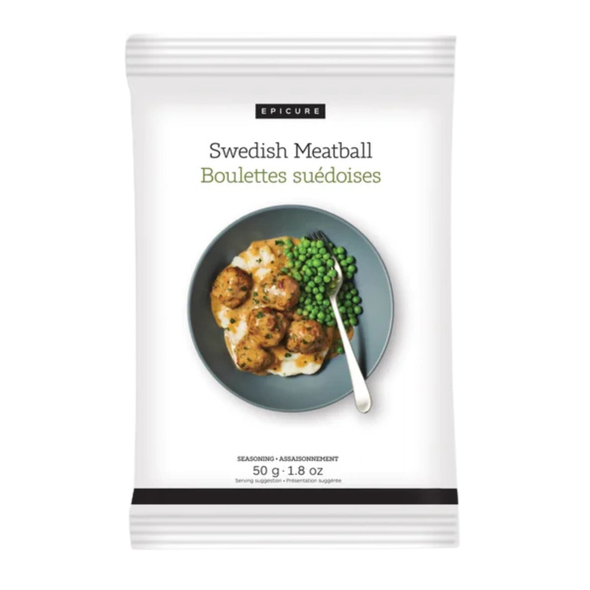 A package of Epicure Swedish Meatball (Boulettes suéoises) on a plain white background. The packaging is white with black and green text, featuring a photo of the meatballs served on a plate with peas and cream.